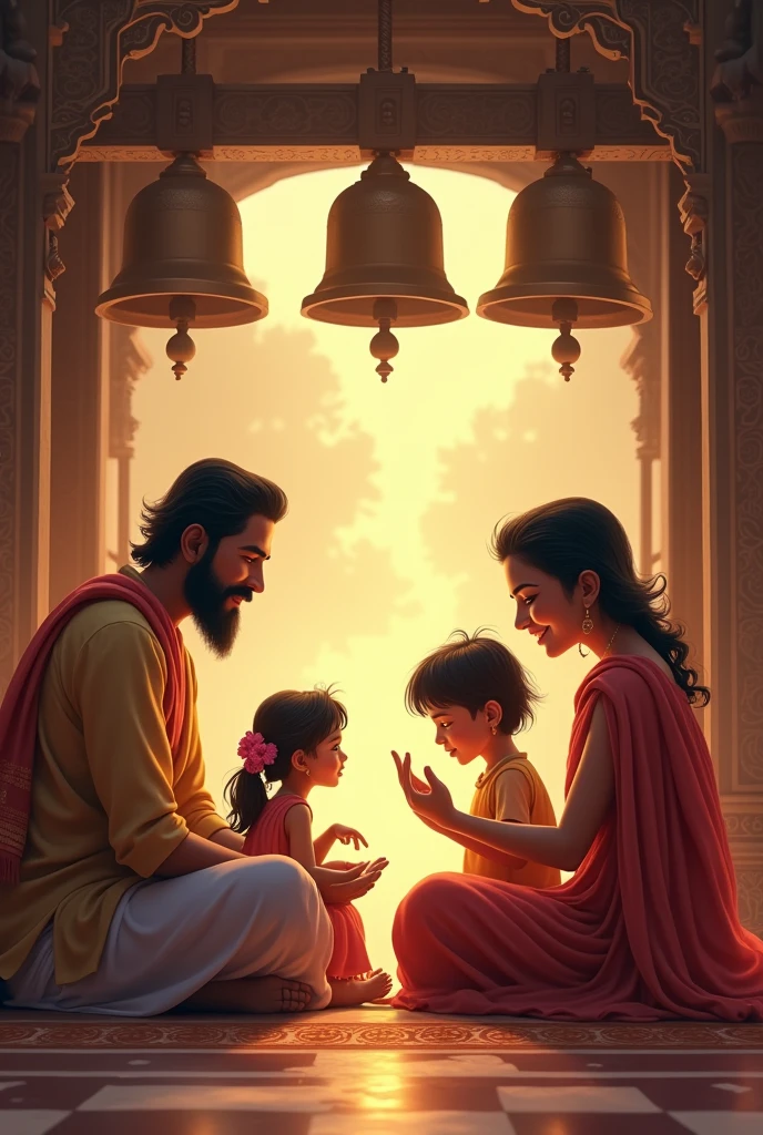 Parents are telling stories of Hindu gods to their children, the children are listening attentively. Temple bells are ringing in the background.