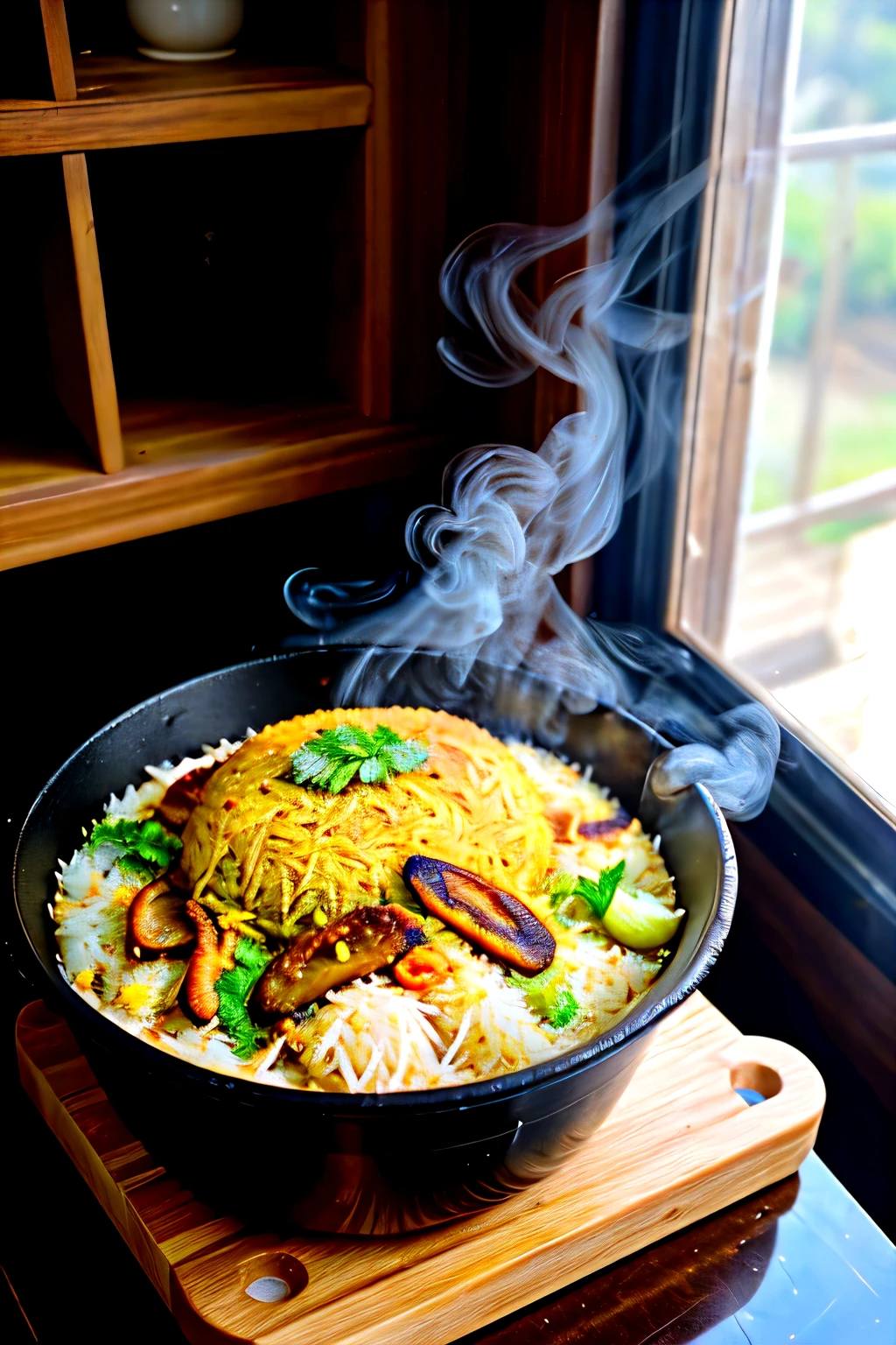 Realistic closeup of a biryani in a pot smoke coming out of it