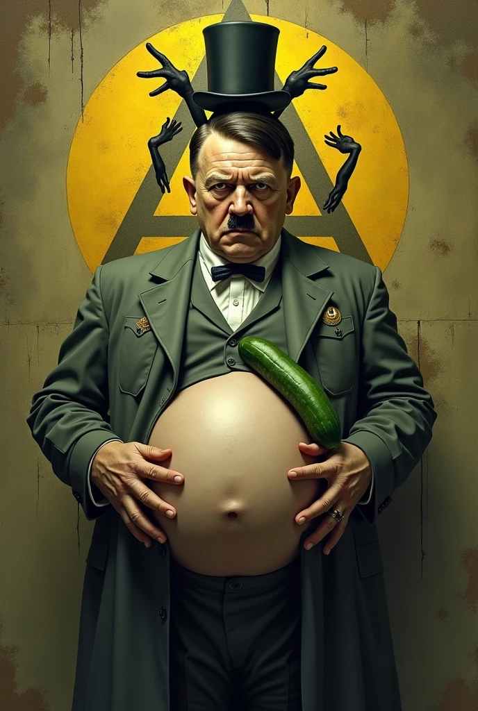 Hitler pregnant and holding a cucumber and yellow triangle with eye, top hat, bowtie and black limbs