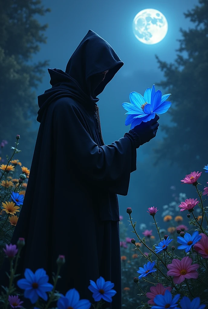 A man with a black mask, a black cape and a bright blue flower in one hand, he is looking at this flower, in a garden with different types of flowers at night. Image a little dark but with some points of light and brightness.