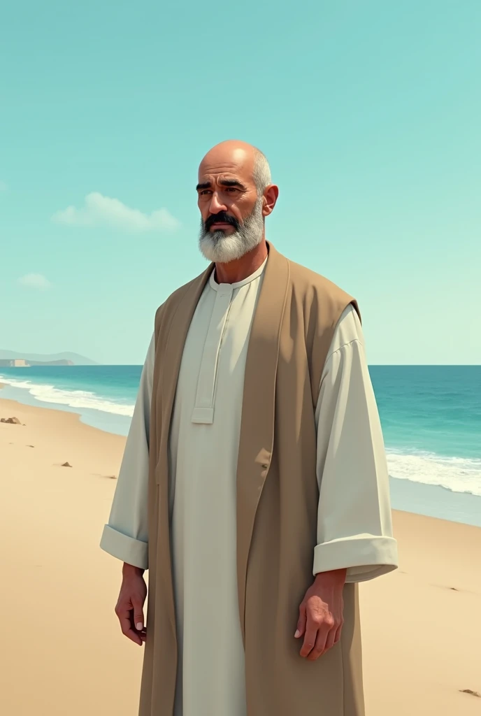Bald Arab man, 5, on the beach. The man only has a mustache.