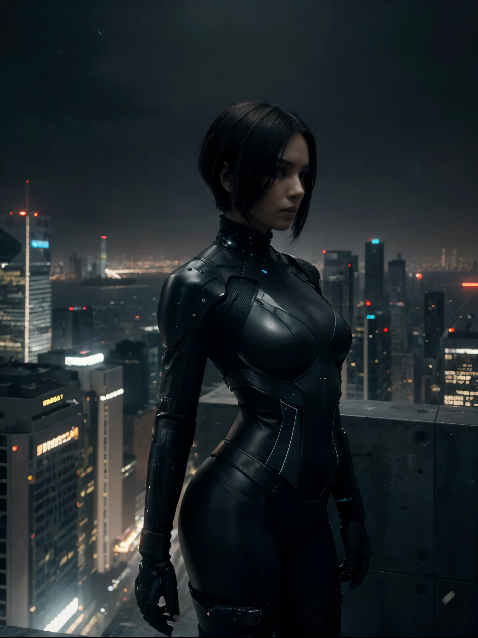A black and white scene with a cyberpunk art style featuring a dramatic, high vanishing point perspective, from an angle behind a female character. She has a short, dark haircut, and is wearing a form-fitting futuristic suit with technological details. The woman is standing on the edge of a tall building, looking down at a vast, dense city filled with skyscrapers rising into the sky. The city is illuminated by artificial lights reflecting off the windows of the buildings and onto her suit. The texture of the image has a fine line finish, as if it were a detailed engraving or illustration. The atmosphere is dark and mysterious, with a sense of surveillance and technological control.