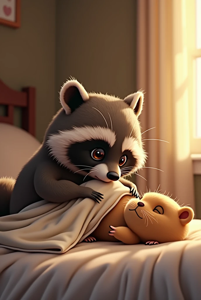 A male raccoon gently tucking in a female groundhog into bed, conveying a sense of love and care. The raccoon is carefully placing a blanket over the groundhog, who is lying comfortably in the bed. The scene is warm and tender, with soft lighting that highlights the affection and nurturing nature of the raccoon towards the groundhog.