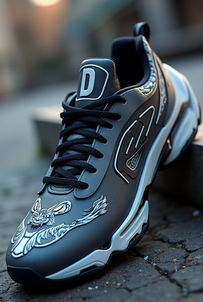 Create a futuristic sneaker model with the initials jd and a wolf design