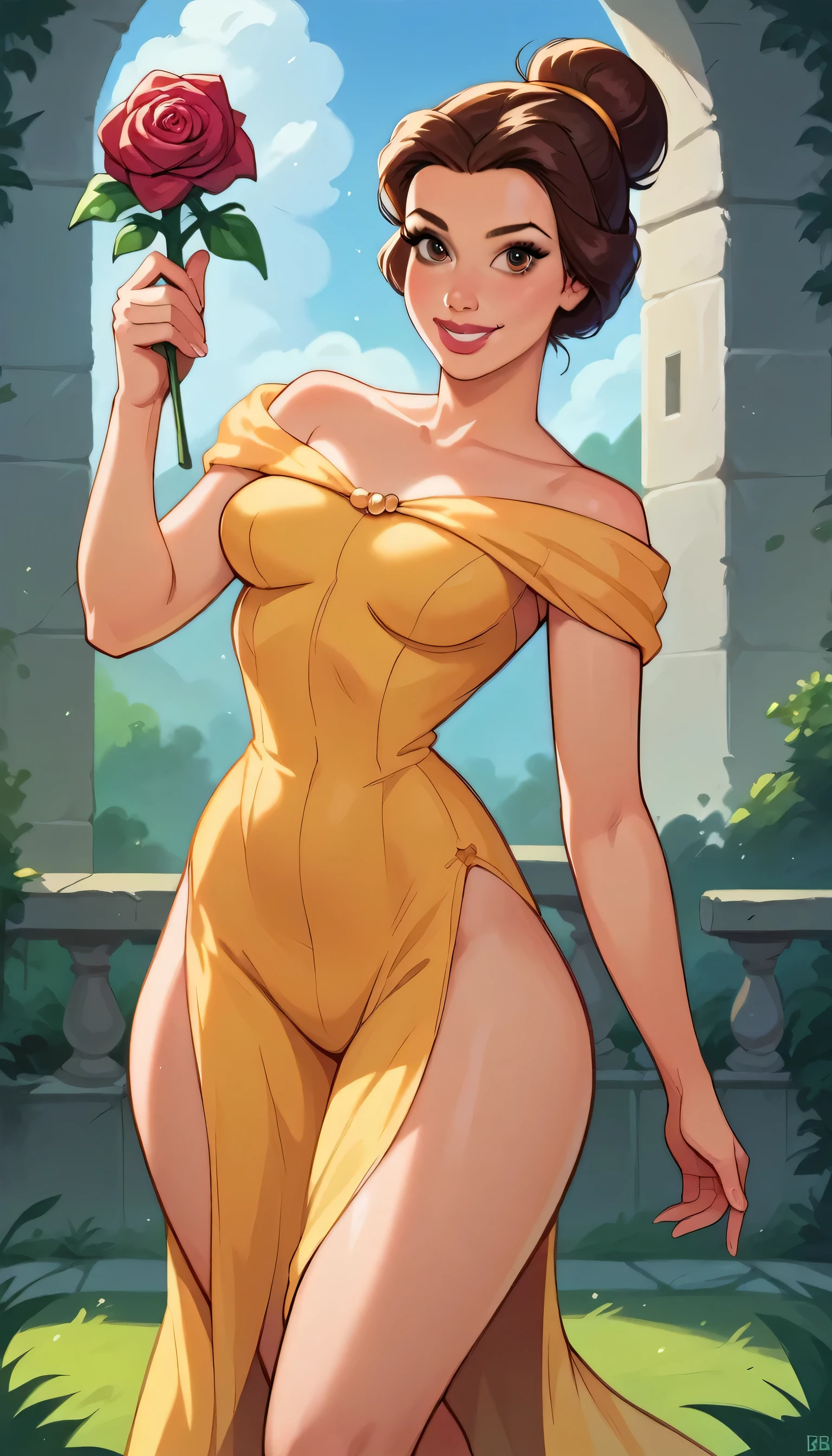score_9, score_8_up, score_7_up, score_6_up, 1girl holding a rose in a castle, makeup, yellow lingerie,, hair bun, tiara, curvy, medium breasts, narrow waist, wide hips, thick thighs, looking at viewer, dynamic angle, cartoon, dynamic pose, smile, cute, wide shot, realistic, 
BelleXLP