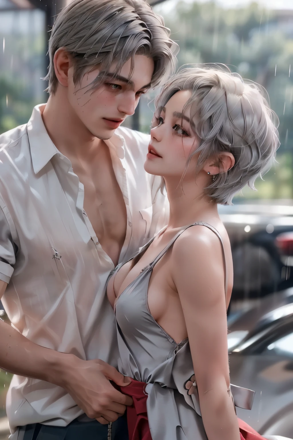 (masterpiece), (5K), (best quality), 2d Couple, ((a young gray hair couple)), ((a gray hair woman , sharp eyes, slit_ pupils, pale eyes, small boobs, red dress)), brown eyes, ultra well detailed eyes, ((a gray hair guy, wearing a prince cloth)), beautiful couple pose, raining