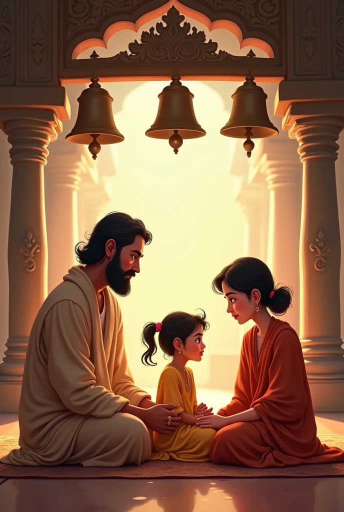 Parents are telling stories of Hindu gods to their children, the children are listening attentively. Temple bells are ringing in the background.