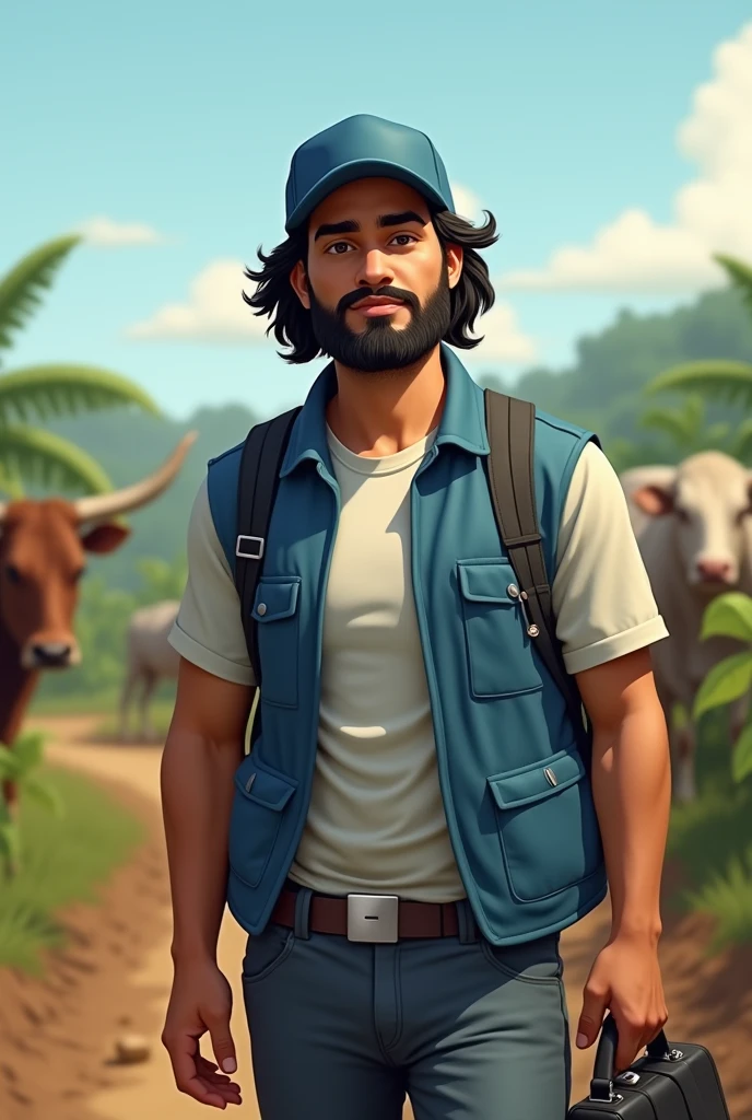 A tall young white man, Brazilian with beard, rural consultant at Sebrae, medium hair and blue cap