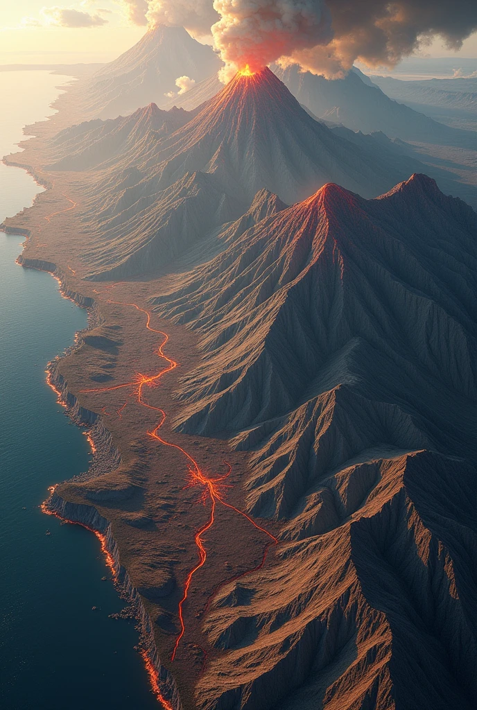Geography of Pangea with mountain belts, orogeny and volcanoes and siberian traps