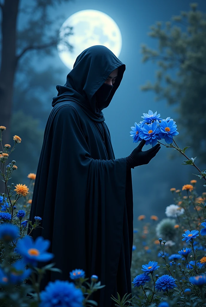 A man with a black mask, a black cape and a bright blue flower in one hand, he is looking at this flower, in a garden with different types of flowers at night. Image a little dark but with some points of light and brightness.