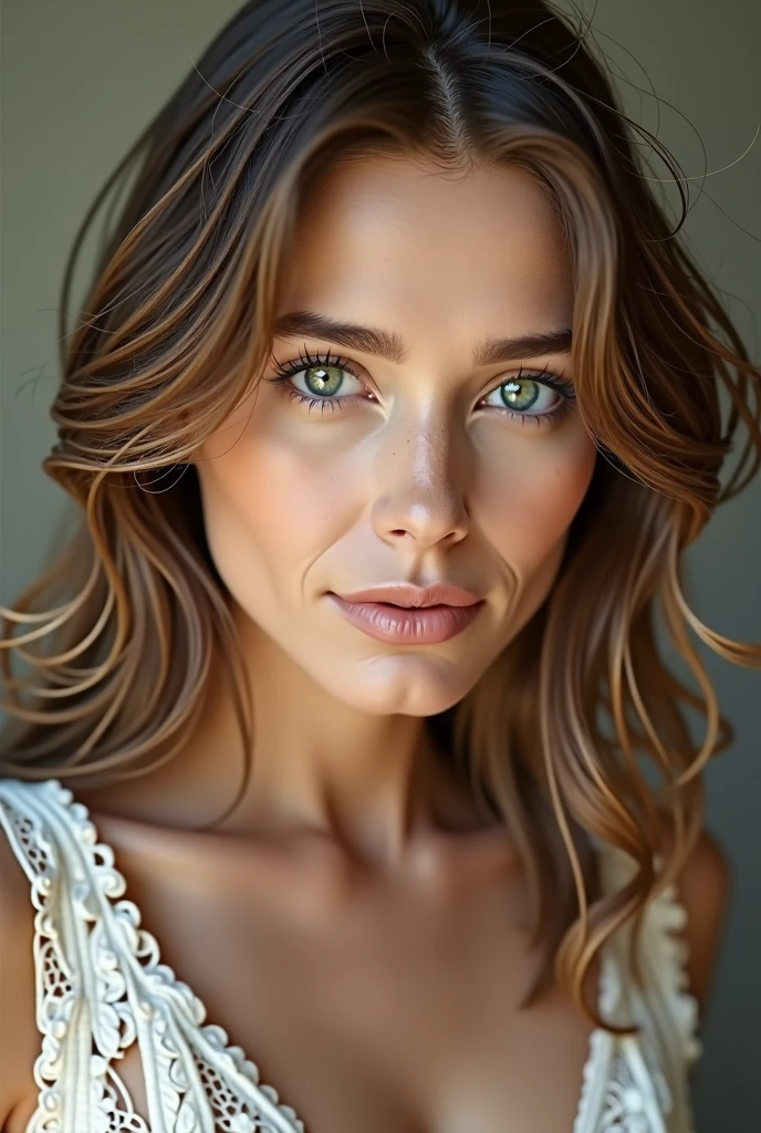 (photo realism 1.2) Beautiful, very realistic woman with fine features and a square jaw. Highly detailed green eyes and shoulder-length light brown hair.