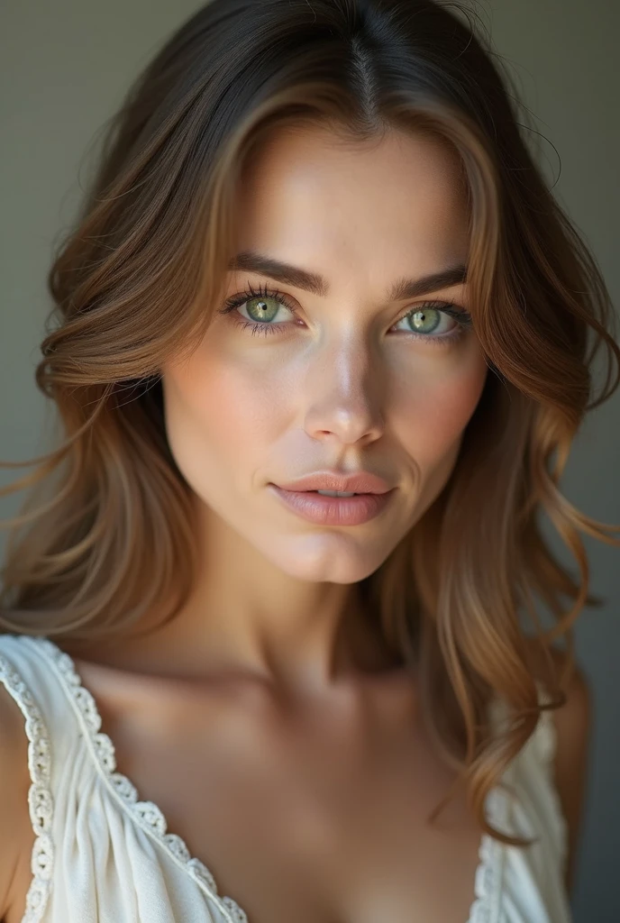 (photo realism 1.2) Beautiful, very realistic woman with fine features and a square jaw. Highly detailed green eyes and shoulder-length light brown hair.