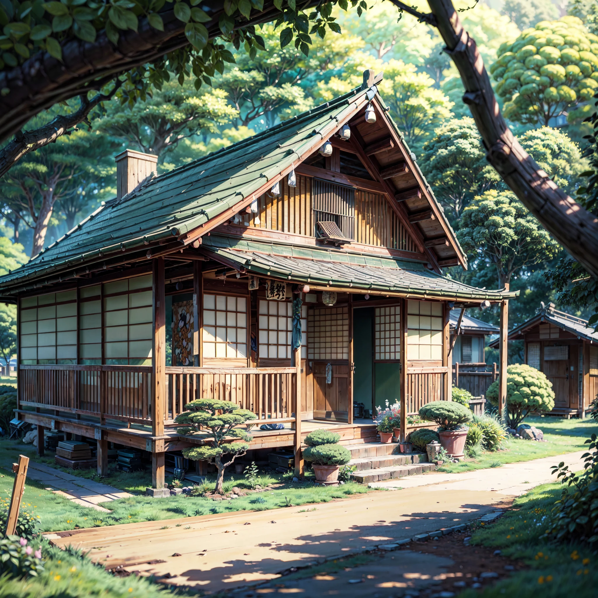 ((solo traditional wooden Japanese house:1.2)), Japanese banner with Japanese writing hanging above the door, street lamp illuminating the scene, camera facing the front of the house, in the wilderness, rural, trees, overgrown plants, vibrant flowers, exotic flowers, night time, dark, anime style, anime, lofi, lofi vibe, ((best quality:1.5)), ((masterpiece:1.5)), ((highly detailed:1.3)), ((anime aesthetic:1.2)), no one, no people,