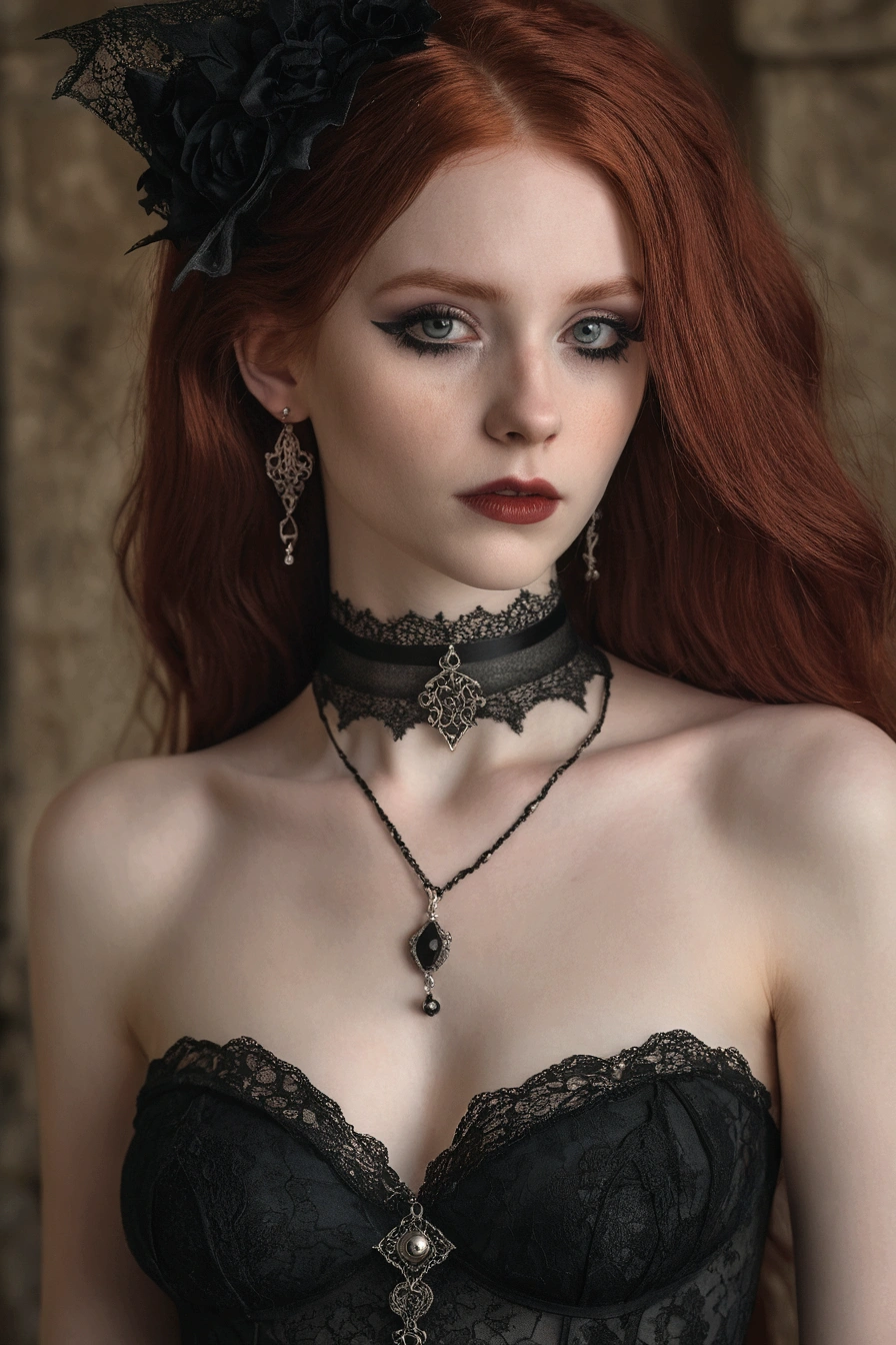 UHD ultra precise 8K digital copy of a there is a woman with red hair wearing a black bra top, wearing gothic accessories, gothic princess portrait, dreamy gothic girl, pale goth beauty, wearing intricate black choker, with pale skin, porcelain pale skin, with long hair and piercing eyes, portrait of beautiful vampire, an elegant gothic princess, wearing black choker, haunting beautiful young woman, portrait of a young witch