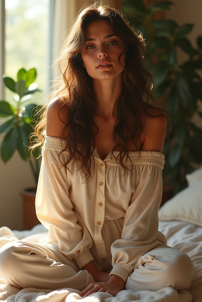(photorealism:1.2), beautiful woman, sitting on bed, wearing loose off-shoulder top, pajama pants, long curly hair, indoors, soft lighting, plants in background, window with sunlight, cozy room, relaxed pose, realistic, intricate details, warm colors, by Greg Rutkowski, by Alphonse Mucha