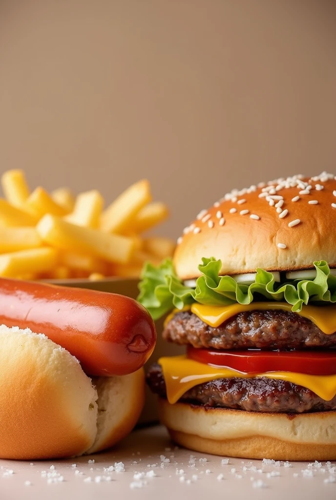 Hot dog image, with fries and hamburger