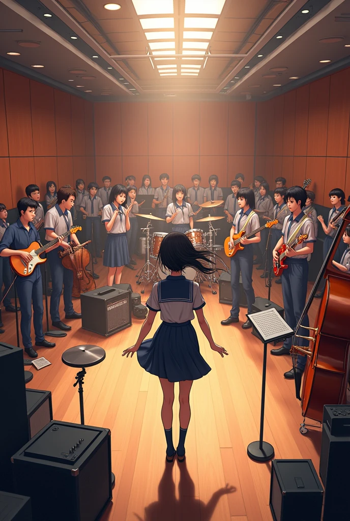 A panoramic view of a music rehearsal room with a band playing and a voluptuous girl in a school uniform conducting anime