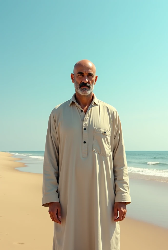 Bald Arab man, 5, on the beach. The man only has a mustache.