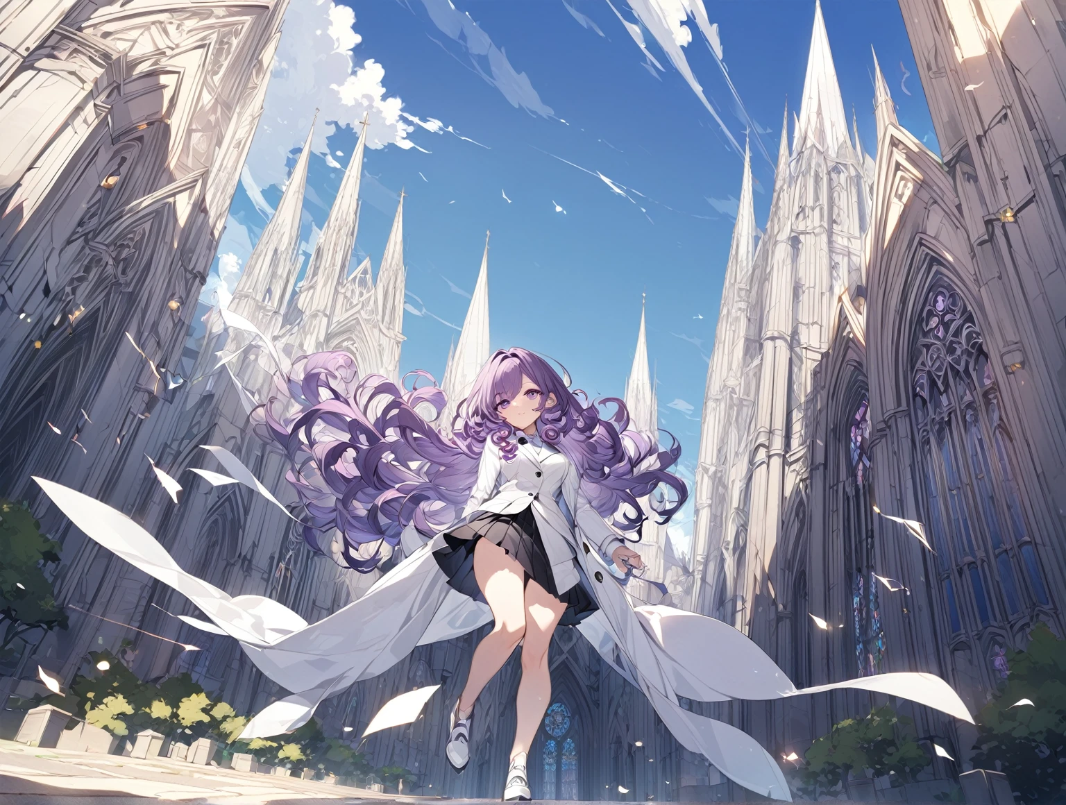 1 girl , purple curly hair , purple eyes, full body, wearing white suits,white shirt,black pleated skirt,cathedral background,