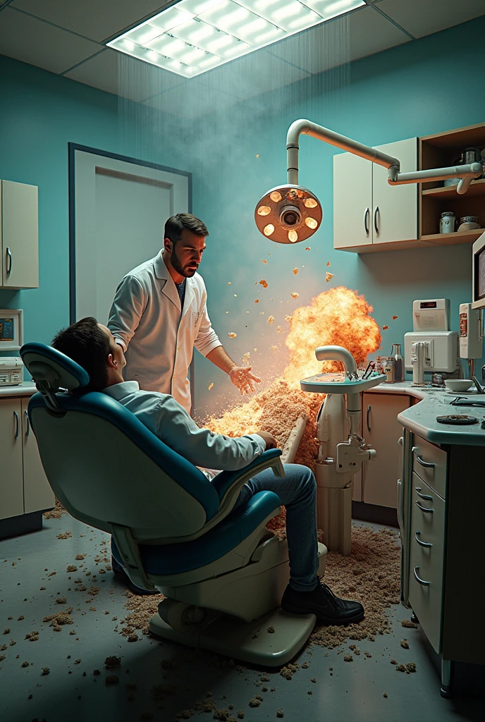 Create a highly realistic image of a dental office after a pressure vessel explosion. show the equipment without its unrecognizable side covers , The treatment room was hit with debris Include a patient in the chair and the dentist in his uniform shocked . The scene is a destroyed dental office
