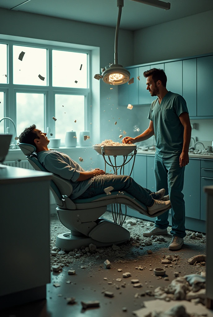 Create a highly realistic image of a dental office after a pressure vessel explosion. show the equipment without its unrecognizable side covers , The treatment room was hit with debris Include a patient in the chair and the dentist in his uniform shocked . The scene is a destroyed dental office