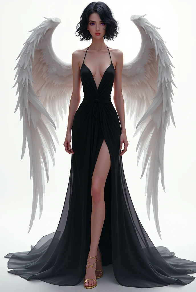 Woman with purple eyes, white color, with short wavy black hair, high, with golden open heels, thick lips, young, beautiful, slim, with wings on the back, her clothes a long black dress