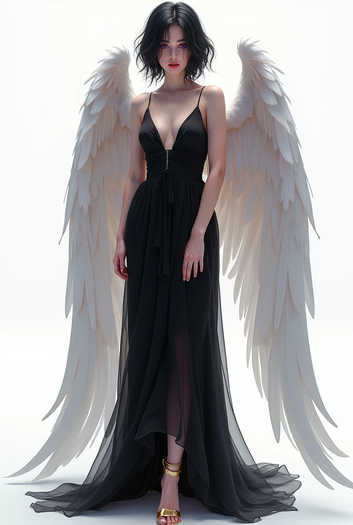 Woman with purple eyes, white color, with short wavy black hair, high, with golden open heels, thick lips, young, beautiful, slim, with wings on the back, her clothes a long black dress 