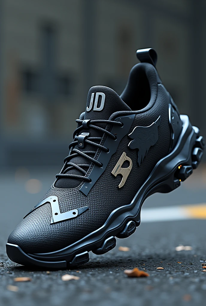 Create a futuristic sneaker model with the initials jd and a wolf design