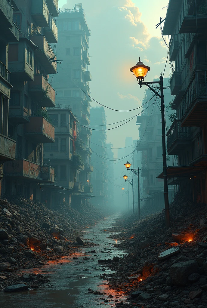 une ville animée avec beaucoup de bâtiments et un lampadaire, un matte painting inspiré de Darek Zabrocki, Deviantart, art numérique, Ville apocalyptique, Ville apocalyptique backround, Ville détruite in the background, paysage de la ville de l&#39;apocalypse, Ville détruite, post - Ville apocalyptique, post Ville apocalyptique, fond apocalyptique, paysage urbain en ruine, ominous fond apocalyptique
