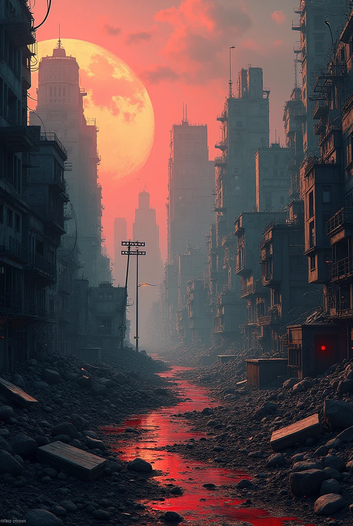une ville animée avec beaucoup de bâtiments et un lampadaire, un matte painting inspiré de Darek Zabrocki, Deviantart, art numérique, Ville apocalyptique, Ville apocalyptique backround, Ville détruite in the background, paysage de la ville de l'apocalypse, Ville détruite, post - Ville apocalyptique, post Ville apocalyptique, fond apocalyptique, paysage urbain en ruine, ominous fond apocalyptique