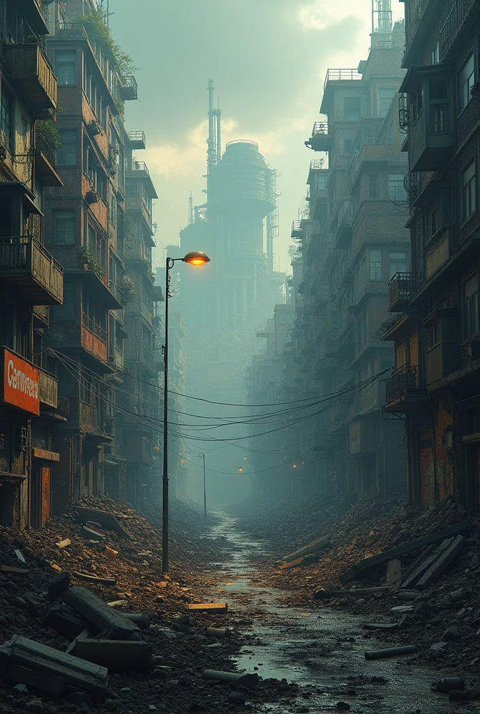 une ville animée avec beaucoup de bâtiments et un lampadaire, un matte painting inspiré de Darek Zabrocki, Deviantart, art numérique, Ville apocalyptique, Ville apocalyptique backround, Ville détruite in the background, paysage de la ville de l'apocalypse, Ville détruite, post - Ville apocalyptique, post Ville apocalyptique, fond apocalyptique, paysage urbain en ruine, ominous fond apocalyptique