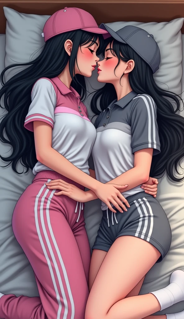 Two girls long black hairs, yuri

The first girl wear a white pink polo shirt pink shirt collar pink sleeves, pink cap, pink adidas sweatpants with three white stripes, black underpants, white socks.

The second girl wore a white grey polo shirt grey shirt collar grey sleeves, grey cap, grey adidas sweatpants with three white stripes, black underpants, white socks.

The hem of their polo shirt was tucked into their pants.

The first girl used her hand reaching to inside the grey sweatpants and insert fingers into pussy of the second girl.

Hot fucking, reaching inside the pants, fingering into pussy, kissing on the bed, sensual body, closed eyes, lying on the bed, bedroom, novel cartoon, 4K, HD