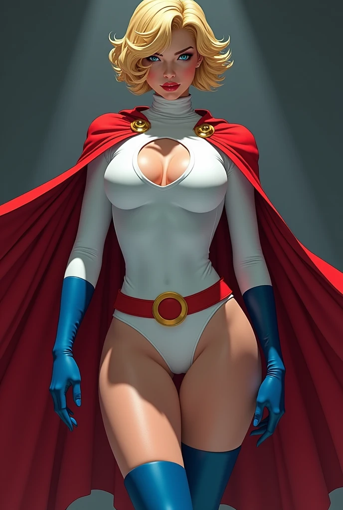 FULL BODY. A FEMALE WITH SHORT BLONDE HAIR, BLUE EYES WEARING A WHITE TURTLE NECK LEOTARD WITH LONG SLEEVES, ROUND CLEAVAGE CUT OUT HOLE ON CHEST, BLUE GLOVES, BLUE BOOTS, A RED BELT WITH A GOLD CIRCLE, A LONG RED CAPE ATTACHED WITH GOLD CLASPS. LARGE BOOBS