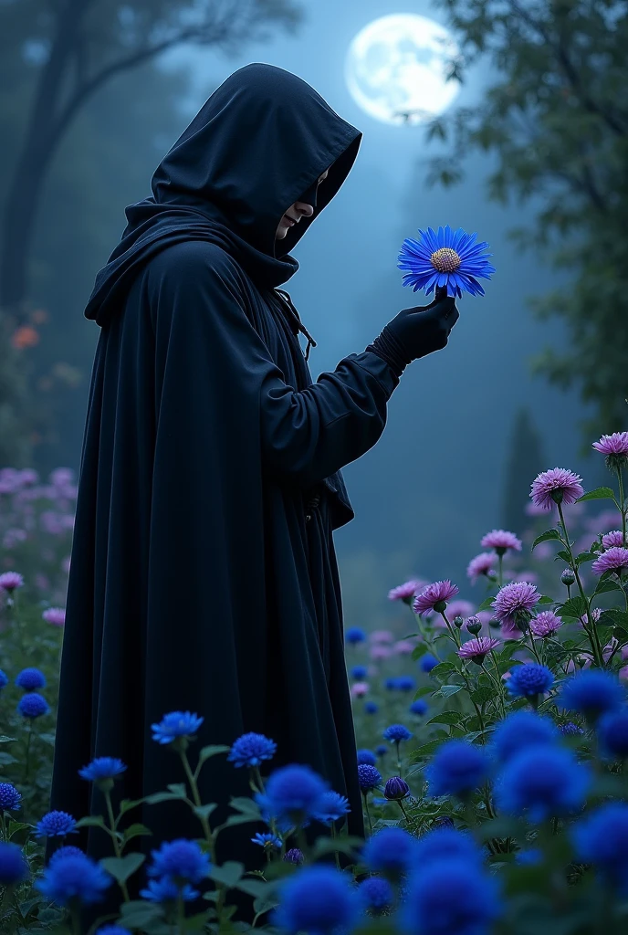 A man with a black mask, a black cape and a bright blue flower in one hand, he is looking at this flower, in a garden with different types of flowers at night. Image a little dark but with some points of light and brightness.