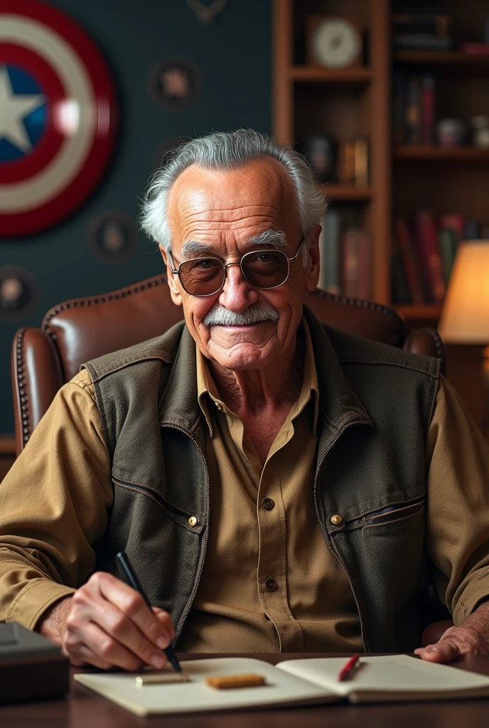crie o stan lee, looking at me, sitting in the office in the background with captain america&#39;s shield hanging on the wall and thor&#39;s hammer on the desk, in 4k realistic environment for wallpaper