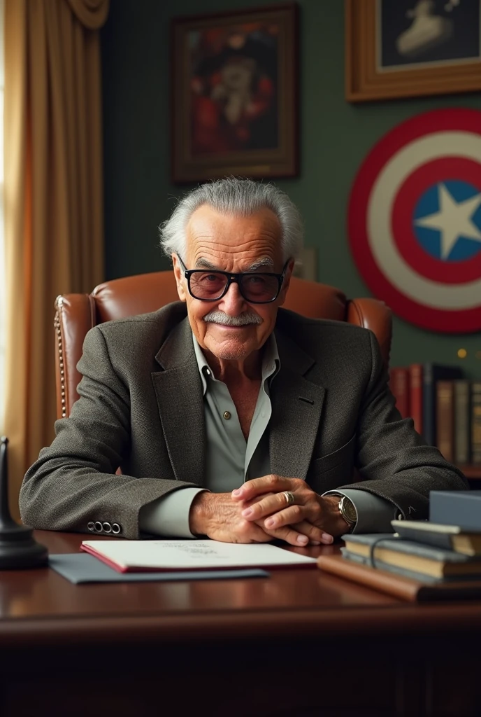 crie o stan lee, looking at me, sitting in the office in the background with captain america's shield hanging on the wall and thor's hammer on the desk, in 4k realistic environment for wallpaper