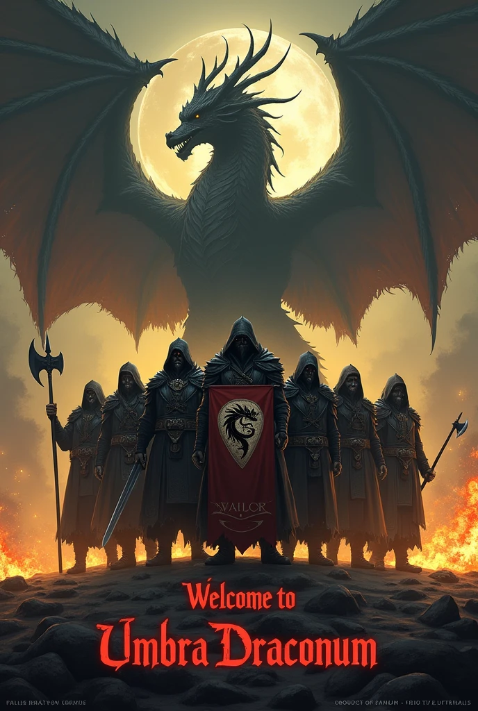 Create me an image with a dark and gloomy tone for a guild cover.
1. Place at the bottom of the image the following text "Welcome to Umbra Draconum". Centered text, first smaller the "Welcome to" and underneath larger and more imposing the text "Umbra Draconum".
2. Place 7 warriors in the style of World of Warcraft or Albion Online, wearing dark clothes and weapons such as axes, swords, ice and fire mage staffs, spears, bows and staffs.
3. The warrior in the center will hold a banner, with a dark yellow flag and a dark red v-shaped line in the middle, and in the center place the logo of a full black dragon.
4. Place in the background flames coming out from the ground in shades of yellow and red, keeping that dark tone.
5. From the bottom of everything should emerge the shadow of a very imposing oriental dragon, this dragon should be seen in its entirety above the banner and the 7 warriors.
Do not omit the text, it is very important.