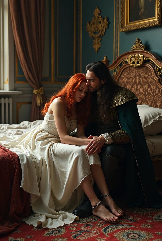 Une image d'un homme et d'une femme dans une chambre dans un château.

Femme:  est assise sur le lit avec une chaine attaché a sa cheville relié au pied du lit. Elle a la tete baisser. Ses cheveux sont rouge,longs et ondulé. Elle porte une robe mi longue blanche on voit sa cheville attachée 

Homme: est assis à côté d elle en se montrant rassurant alors que c est lui qui l'a enchaîné. Il a les cheveux longs et noir. Il est habillé comme un seigneur du Moyen-Age . Il a une epee dans son fourreau 