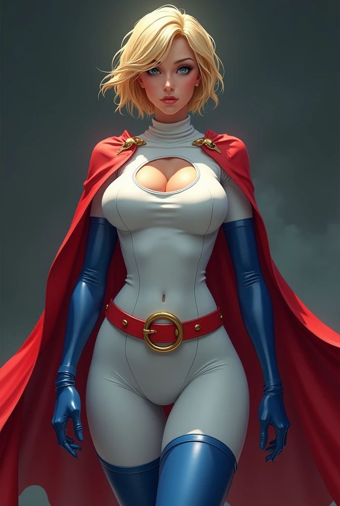 FULL BODY. A FEMALE WITH SHORT BLONDE HAIR, BLUE EYES WEARING A WHITE TURTLE NECK LEOTARD WITH LONG SLEEVES, ROUND CLEAVAGE CUT OUT HOLE ON CHEST, BLUE GLOVES, BLUE BOOTS, A RED BELT WITH A GOLD CIRCLE, A LONG RED CAPE ATTACHED WITH GOLD CLASPS. LARGE BOOBS