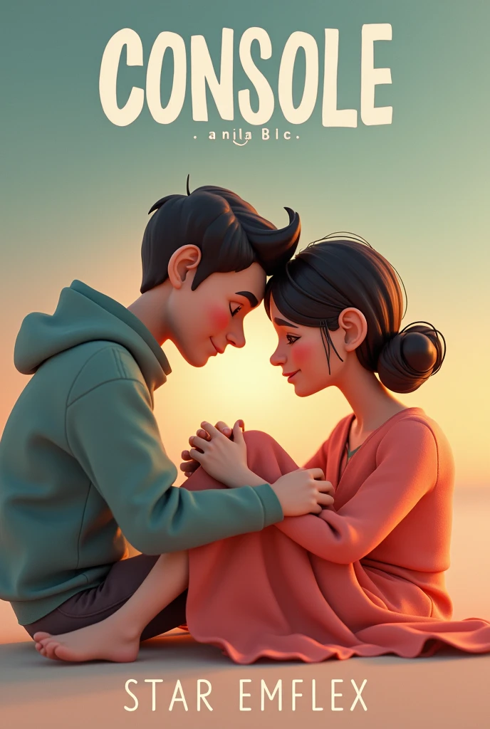 I need an album cover with the title "CONSOLE "and it should be about a single guy and a single lady. It can be a 3D animation where the guy is trying to console the girl.

The song title should be on it and the name of the Artist "Star EmFlex" should also be shown on the cover.