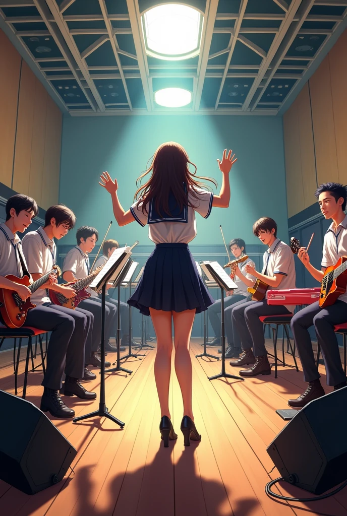A panoramic view of a music rehearsal room with a band playing and a voluptuous girl in a school uniform conducting anime