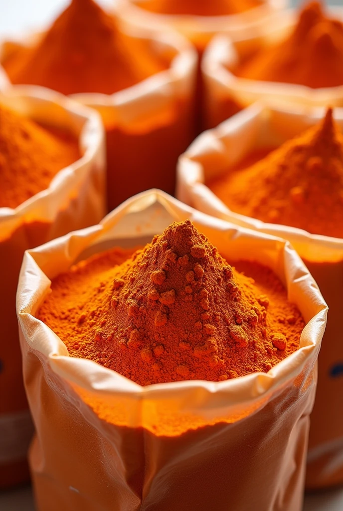 Sealed packaging of orange pigment powder in valve bags