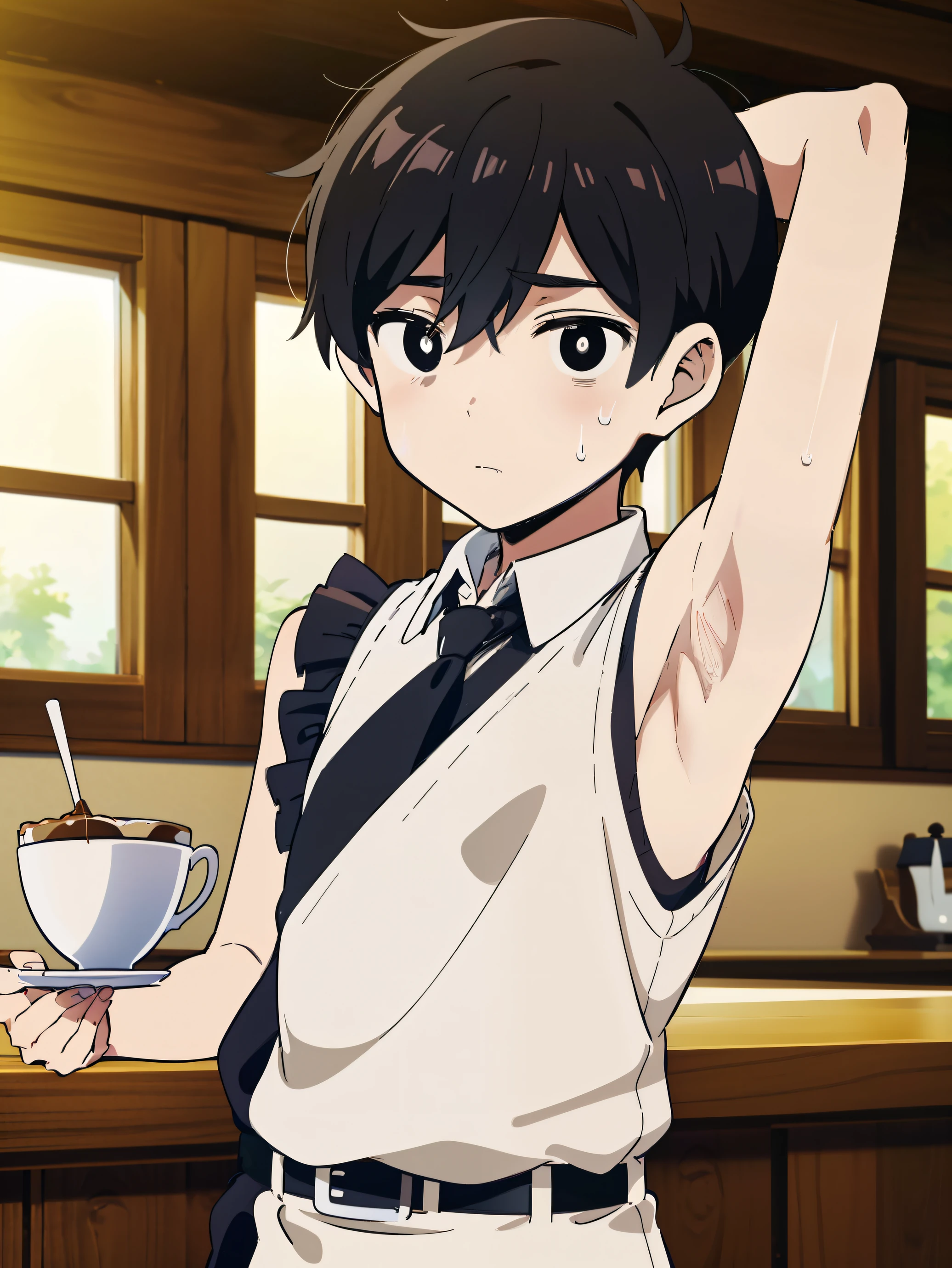 Highres, Masterpiece, Best quality at best,Best Quality,hight quality, hight detailed, Anime style, 1boy, Shota, young boy, Solo person, Omori, black hair,bright pupils, outline, white pupils, white outline, look at viewer,Sleeveless vest, Bare shoulder, Tie, belt, waiter, cafe, Flat chest, upper body, simple beckground, (Showing armpit:1.3), (very young boy), (very small and short body), simple beckground, hansome boy, Uhd, bokeh, sweat