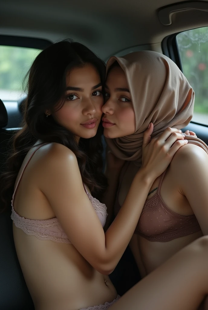 extreme close up of two beautiful teacher hijab indonesian lesbian girl laying down,bra and panties,hugging,french kiss,lesbian sex,,in a car,look to the viewer