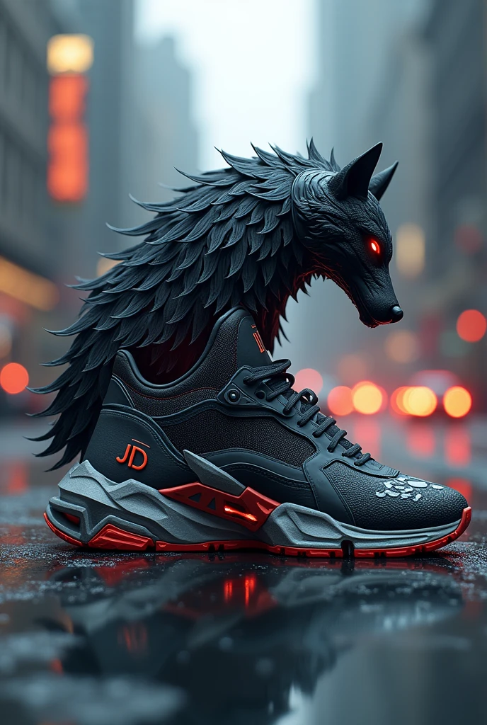 Create a futuristic sneaker model with the initials jd and a wolf design