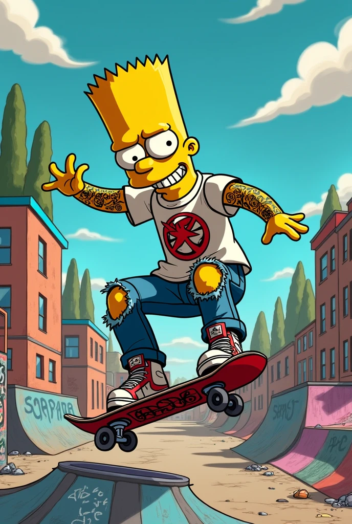 The Simpsons character (Bart) who has tattoos and is wearing skater clothes on a skateboard with a skate park background