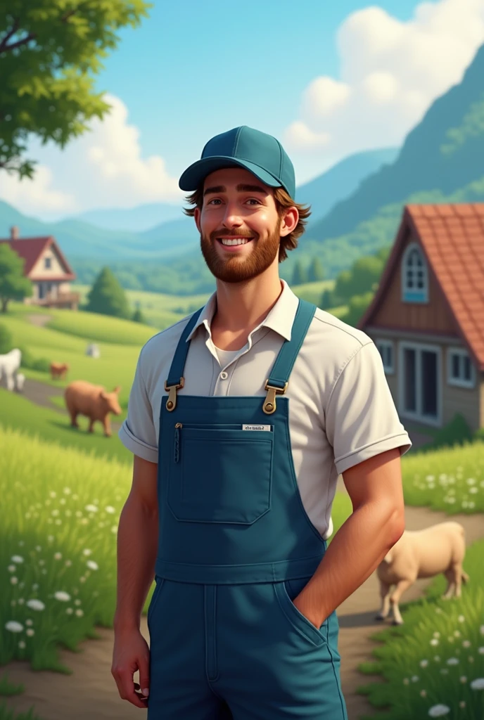 A tall young white man, with beard Sebrae Veterinarian medium hair and blue cap on a small and beautiful farm