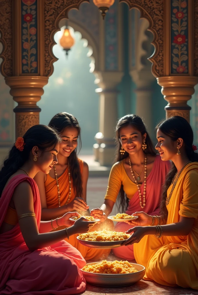 The family partakes of a Hindu temple prasadam together, expressions of satisfaction and pride on their faces.