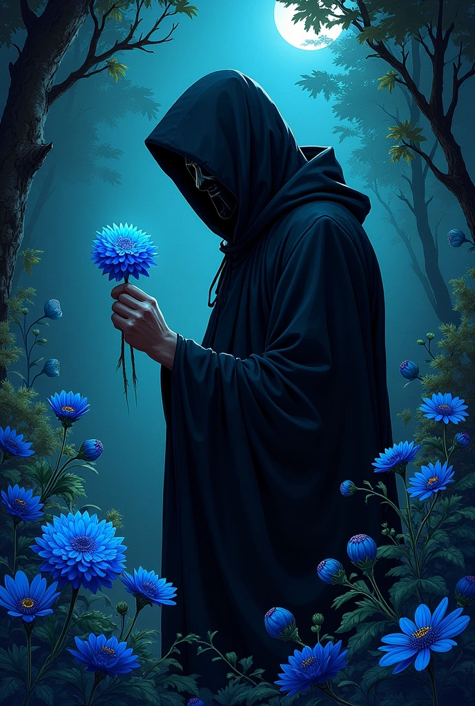A man with a black mask, a black cape and a bright blue flower in one hand, he is looking at this flower, in a garden with different types of flowers at night. Image a little dark but with some points of light and brightness. Slightly different drawing style