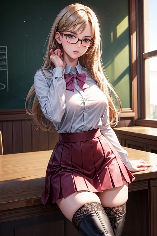 masterpiece, Beautiful art, professional artist, 8k, art style by sciamano240, Very detailed face, Detailed hair, detailed clothing, detailed fabric, 1 girl, perfectly drawn body, beautiful face, broad, Very detailed, wearing teacher clothes, thigh high boots, tube skirt, Glasses, looking angrily over Glasses, Sensual Lips , pink cheeks, School environment, detailed background, board , show details in the eyes.
